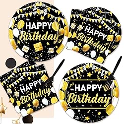 Grencian 96 Pcs Black and Gold Happy Birthday Party