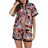 ENJOYNIGHT Women's Silk Satin Pajamas Set Short Sleeve Sleepwear Button Down Lounge PJ Sets