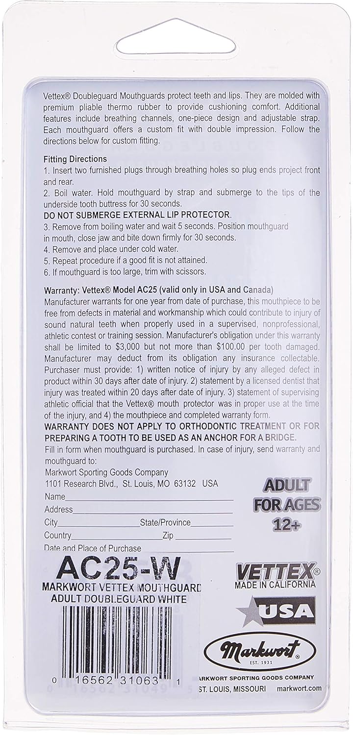 Markwort Vettex Doubleguard Mouthguard with Lip Protection - Adult, AC25-W, White : Sports & Outdoors