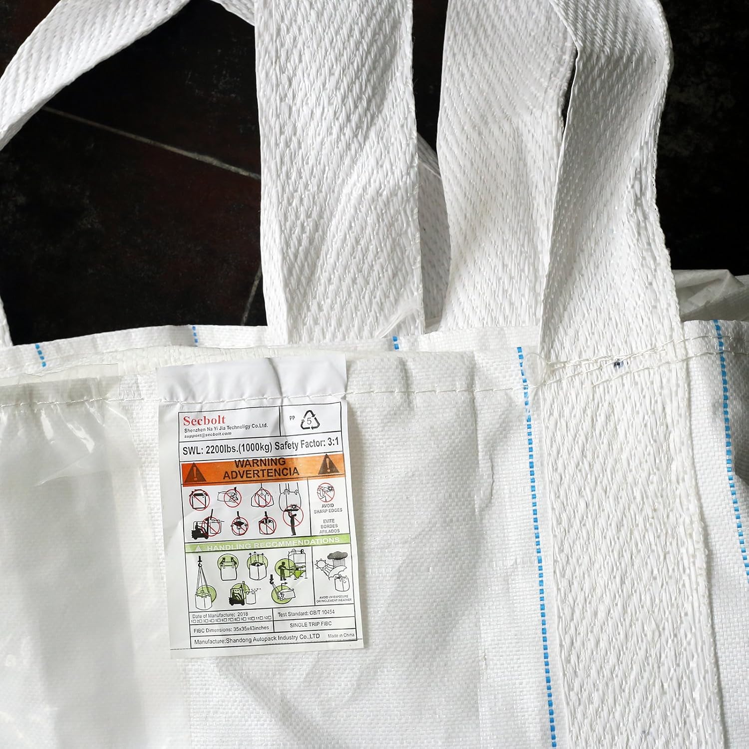 Secbolt FIBC Bulk Bag, 1 One Ton Bag, 35"L x 35"W x 43"H, 2200lbs SWL, Duffle Top Flat Bottom, Woven Polypropylene Bags: Industrial & Scientific