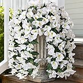 INXUGAO 2 pcs Artificial Faux Bougainvillea Flowers Plants for Outdoor Outside Summer Decoration, Fake Silk UV Resistant Long Trailing Vines for Front Door Porch Planter Balcony (White)