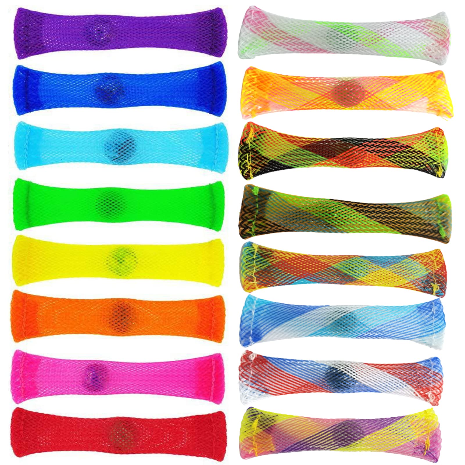 LMOGWL 16 Pieces Mixed Color Woven Mesh Tubes and Marble Sensory Toys - Fingertip Anxiety and Stress Relief Squeezing Toys (16 Colors)