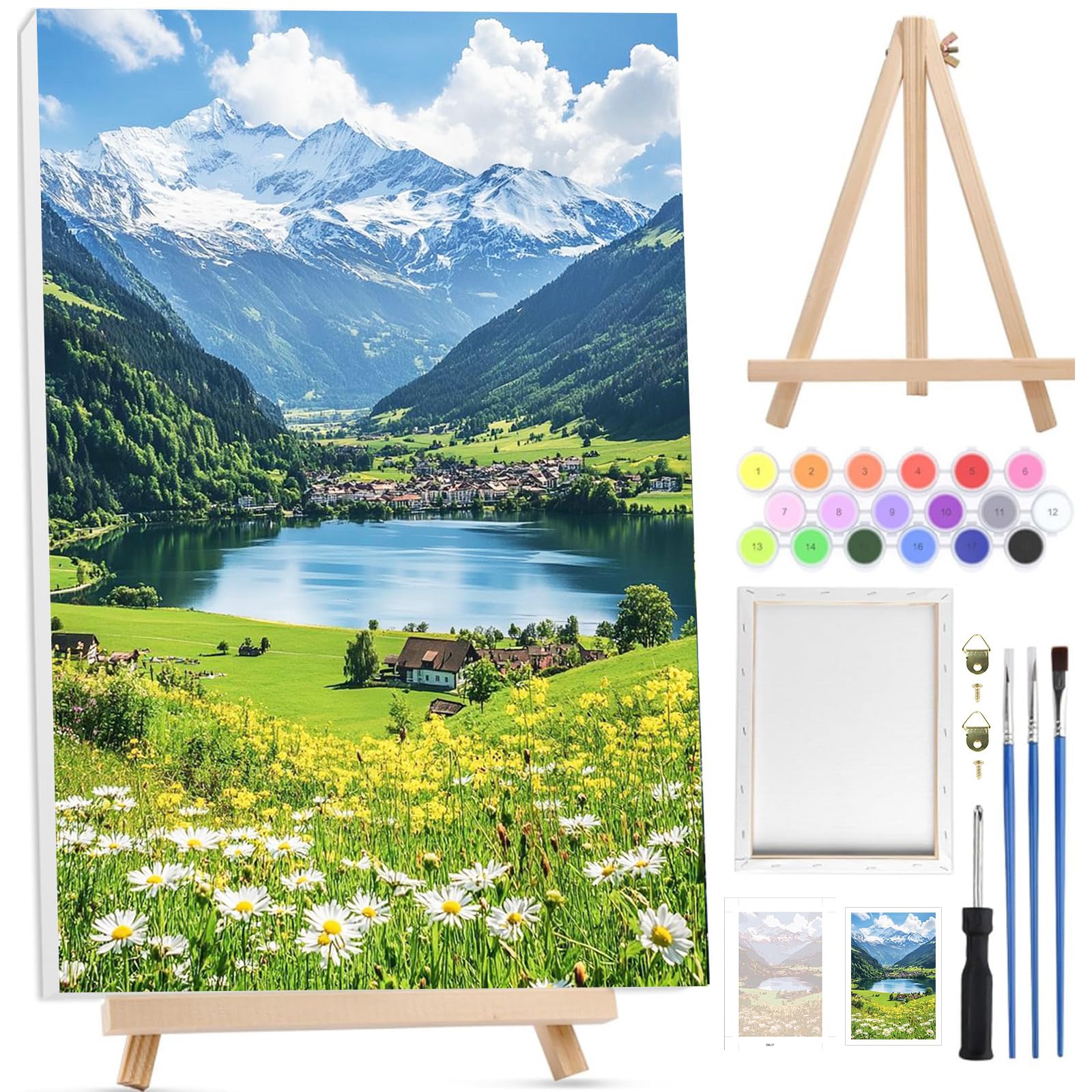 Bowetile Mountains Paint by Numbers for Adults with Framed Canvas&Wooden Easel,LakePainting by Numbers Kit for Adults Beginners Canvas Kit,Color Oil Painting Acrylic Paints for Home Wall Decor20x30cm