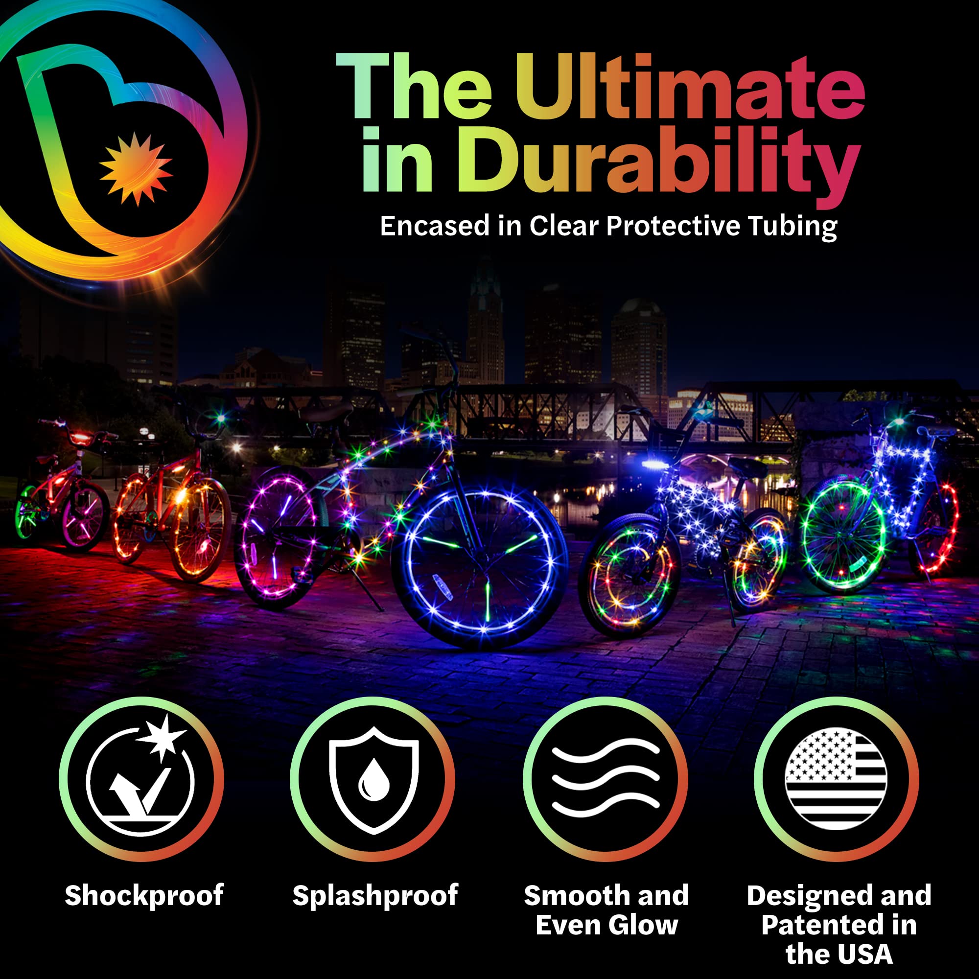 Brightz Multicolor Bike Lights, 7-Foot Waterproof Tubing with 20 Micro LED Lights, Battery-Powered, Perfect for Night Riding, Visibility and Safety