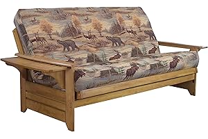 CORDOVA FUTONS Lakefront Complete Futon - Frame and Mattress Set - Arm Tray, 8" Innerspring Full Size Sofa Bed Sleeper (Kodiak Bear, Full)