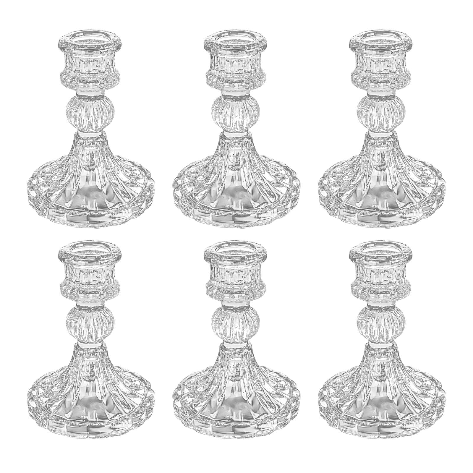 Photo 1 of ECHFSM Glass Candlestick Holder,Striped Taper Candle Holders,Set of 6 Candle Stand for Table Centerpieces, Home Decor,Weddings,Festival and Parties (Clear Stripe Pattern)
