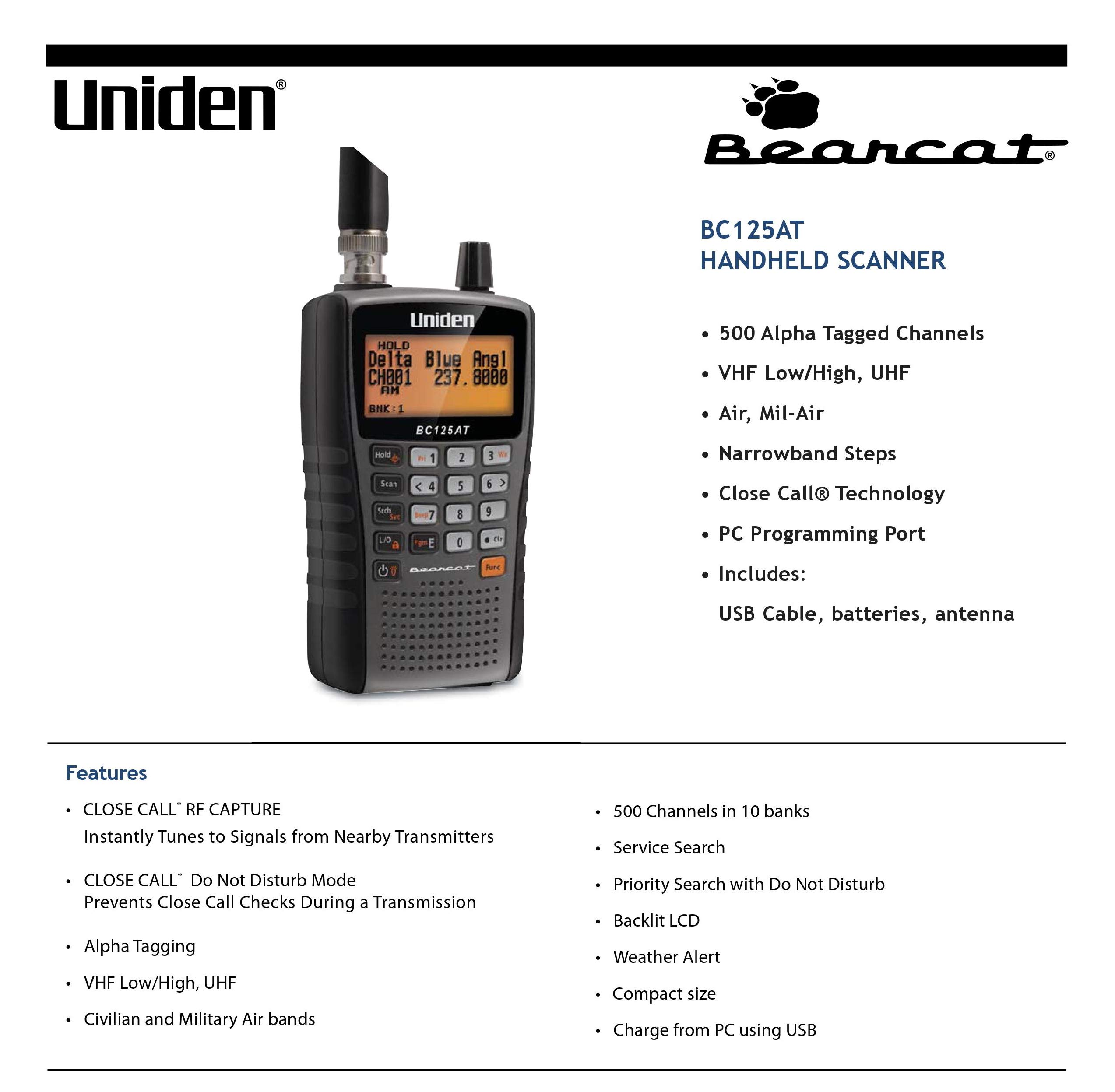 Uniden Bearcat BC125AT Handheld Scanner, 500AlphaTagged Channels
