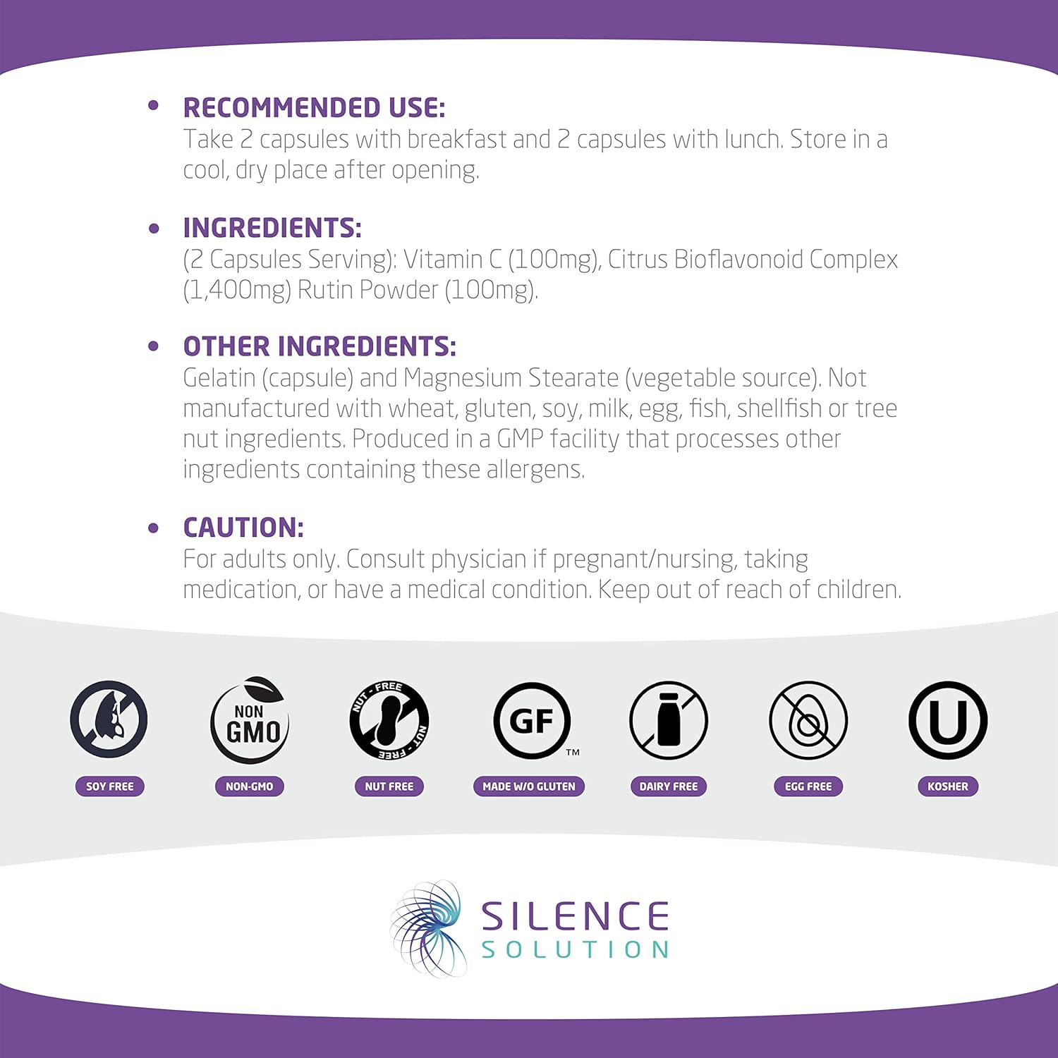 Tinnitus Relief Formula - Ear Ringing Relief with Bioflavonoids and Vitamin C - Tinnitus Treatment Recommended by Audiologists - 100 Capsules - Made in USA - 100% Natural - by Silence Solution: Health & Personal Care