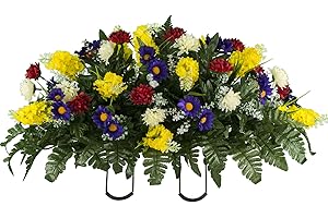 Sympathy Silks Artificial Cemetery Flowers – Realistic Wildflower Outdoor Grave Decorations - Yellow Red Wildflower Saddle for Headstone