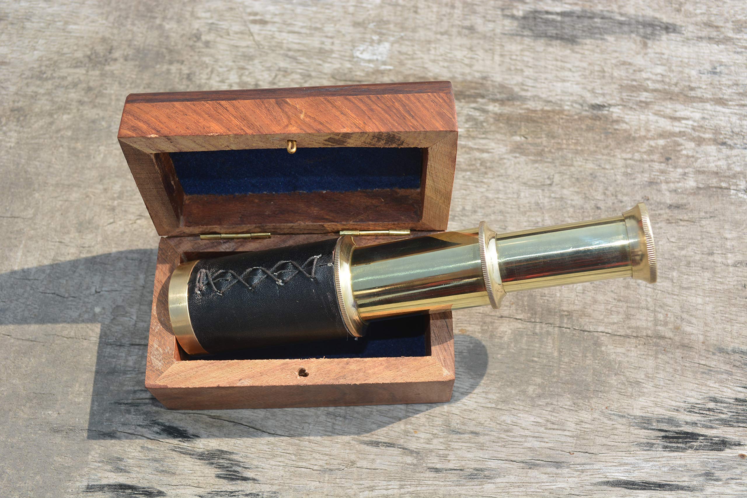Nautical India 15 cm Handheld Brass Antique Telescope with Wooden Box - Pirate Navigation
