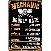 Garage Signs Mechanic Gifts for Men Man Cave Decor Work Shop Accessories Mechanic Hourly Rate Metal Tin Sign Vintage Garage Poster Car Wall Art Funny Mechanics Gifts 8x12 Inch