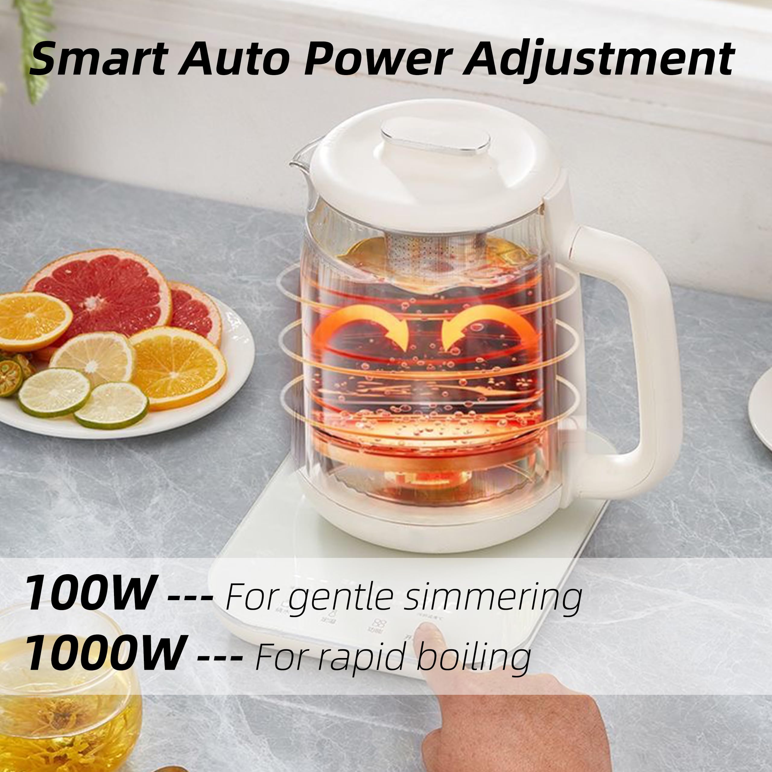 Health Pot, Hervidor eléctrico de vidrio de doble capa de 1,5 l con olla para estofado, tetera multifunción 9 en 1 para sopa, gachas, té de hierbas, base de acero inoxidable, panel táctil de vidrio, programable