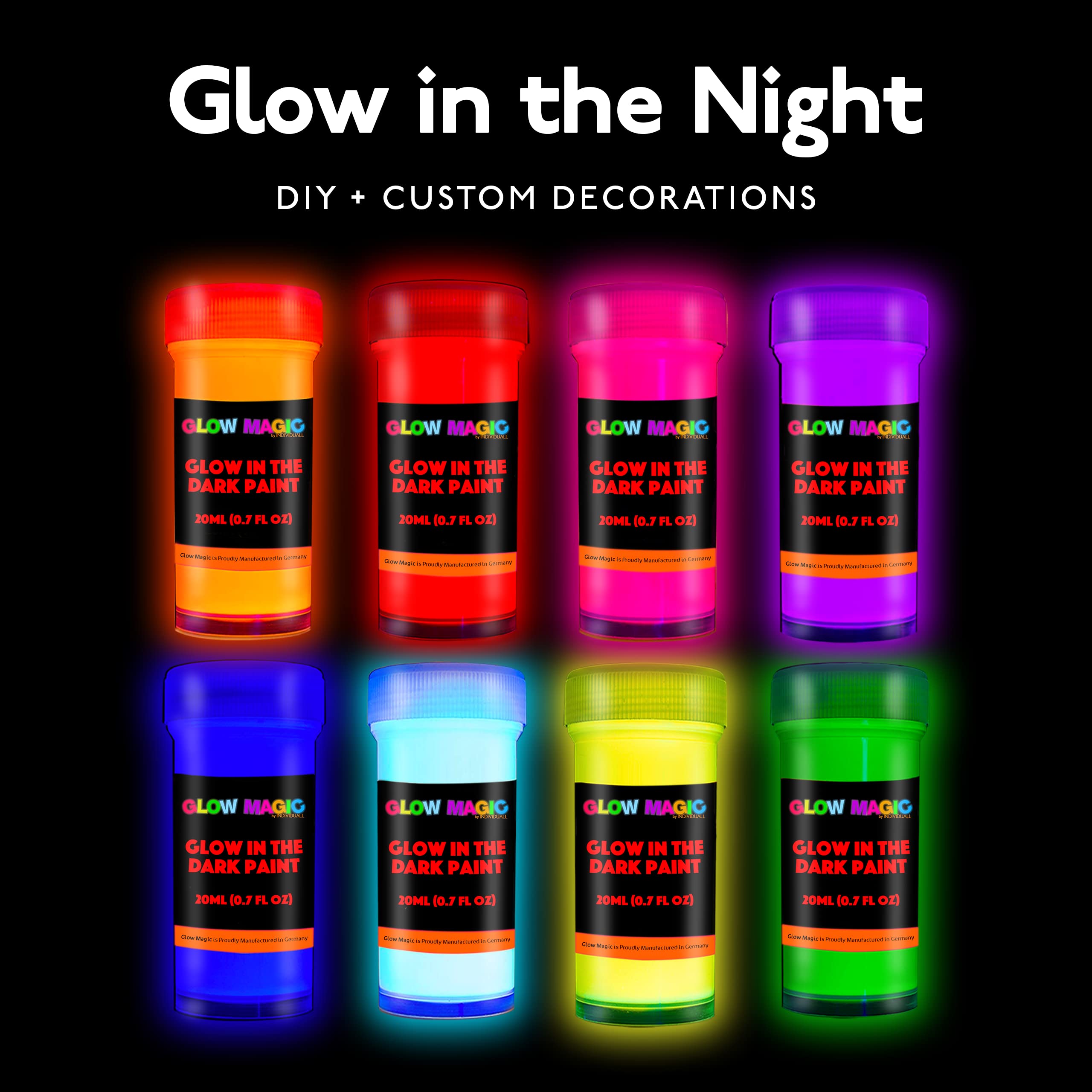 individuall Glow in the Dark Paint - Set of 8, 20 mL Reflective Acrylic Paints for Outdoor and Indoor Use on Canvas, Walls and Ornament Painting - Phosphorescent, Easter Egg Painting Decoration