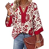 Bebonnie Women Blouses Dressy Casual 3/4 Sleeve V Neck Floral Loose Fit Tunic Tops