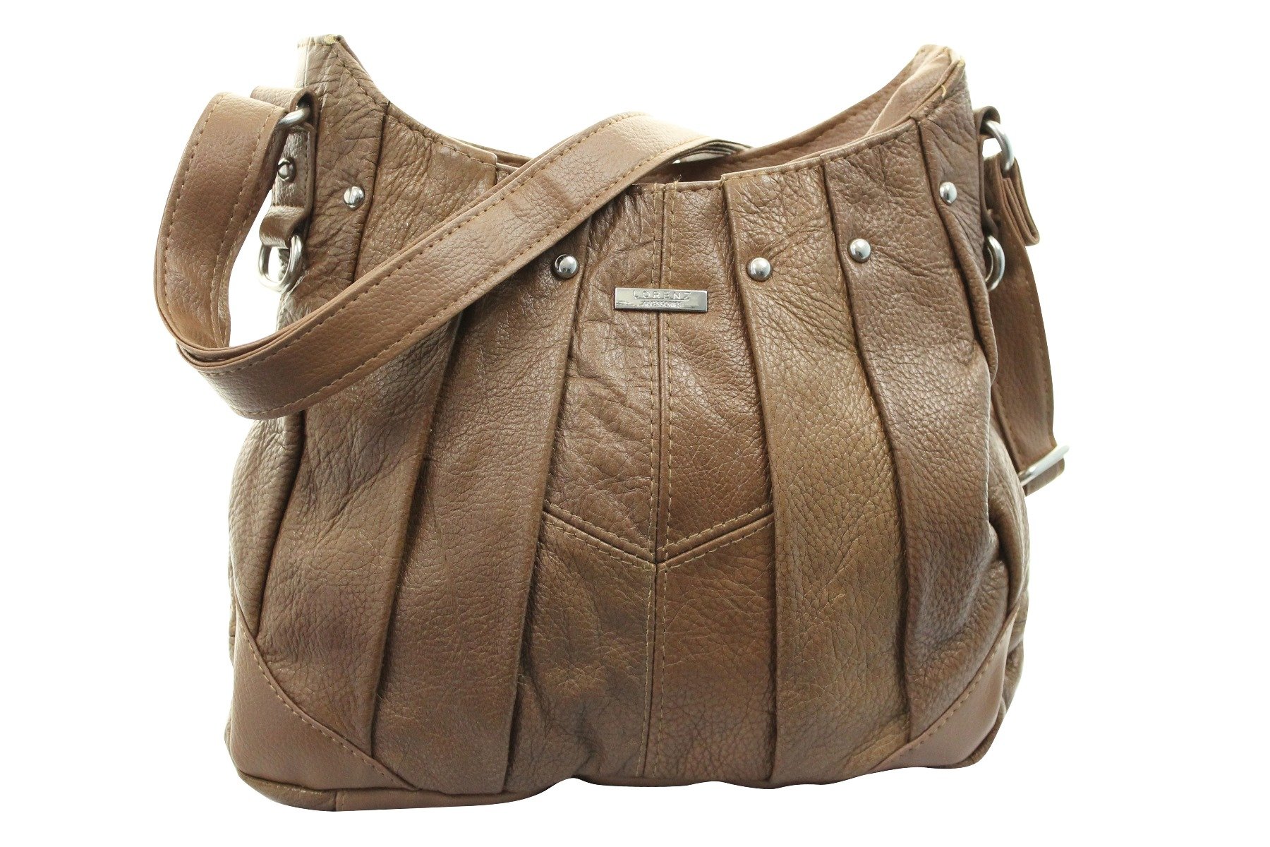 BNWT LADIES LORENZ COWHIDE REAL LEATHER SHOULDER HAND PLEATED PATCH BAG BROWN