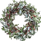 Bibelot 22 Inch Christmas Wreath for Front Door, Xmas Wreath with Lamb Leaves, Pine Cones, Red Berries,Winter Spring Decorations Natural Wreath for Indoor Outdoor Window Wall Festival Home Decor