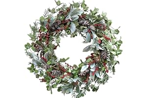 Bibelot 22 Inch Christmas Wreath for Front Door, Xmas Wreath with Lamb Leaves, Pine Cones, Red Berries,Winter Spring Decorations Natural Wreath for Indoor Outdoor Window Wall Festival Home Decor