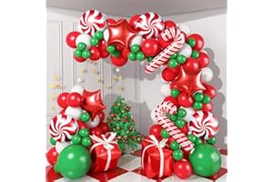 HAOLONGFA Christmas Balloon Garland Arch Kit, 123PCS Red Green White New Year Xmas Balloons with Candy,Gift Box,Red Star,Cane Foil Balloons for Christmas Party Decorations,Birthday,Baby Shower