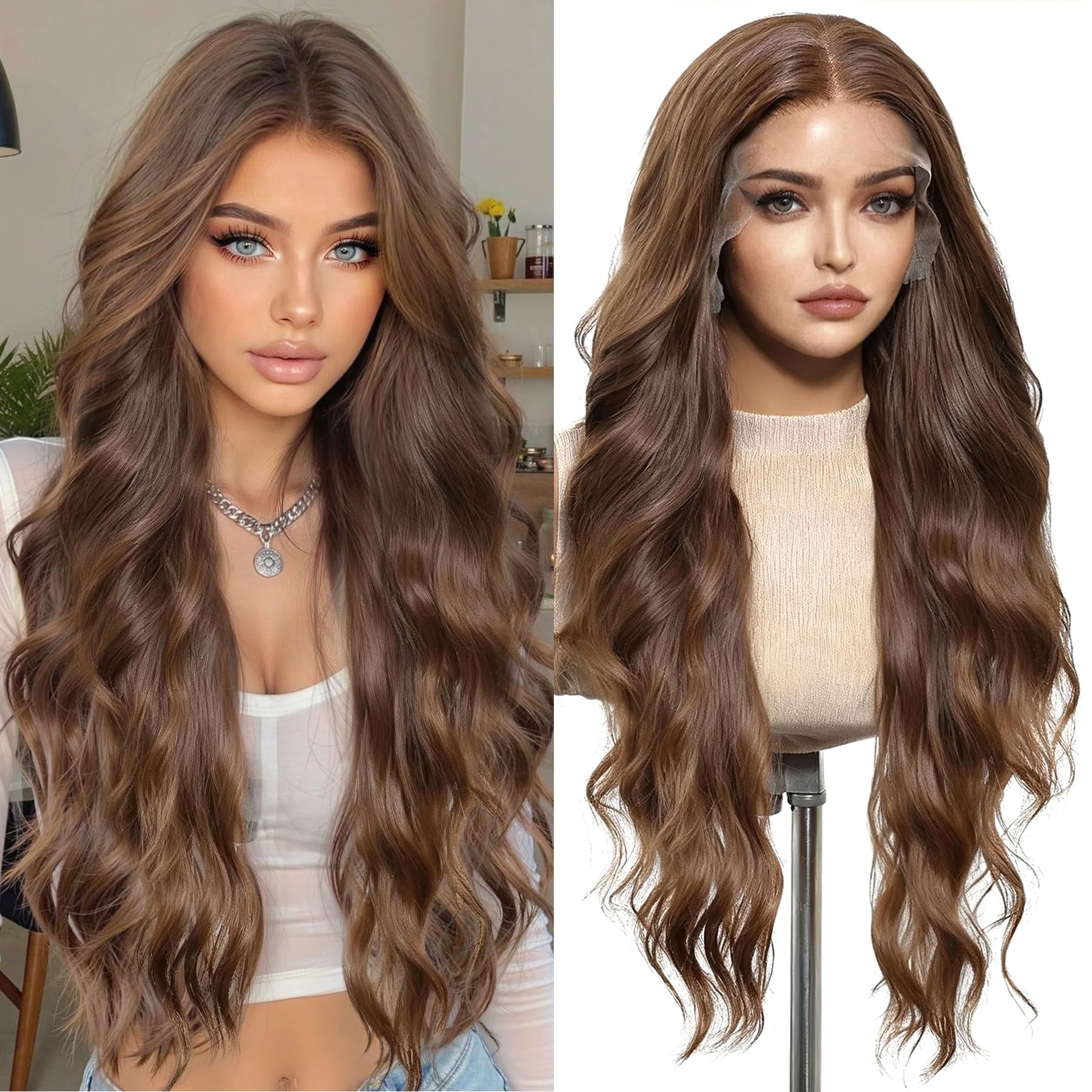 Photo 1 of Trail Midst Lace Front Wig Long Wavy 28 Inch Highlight Caramel Brown 13×6 with Tiny Knots Synthetic Hair Natural Hairline Wig for Women Daily, Party & Date Looks