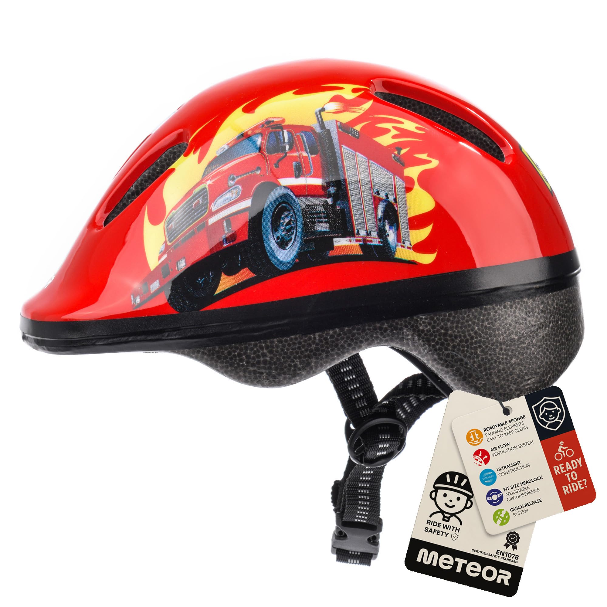Meteor Kids Bike Helmet Fire XS 44-48 cm, Toddler & Child Cycling Helmet, Lightweight Adjustable Scooter & Skate Helmet with Airflow Vents, Washable Padding, Safety Head Protection