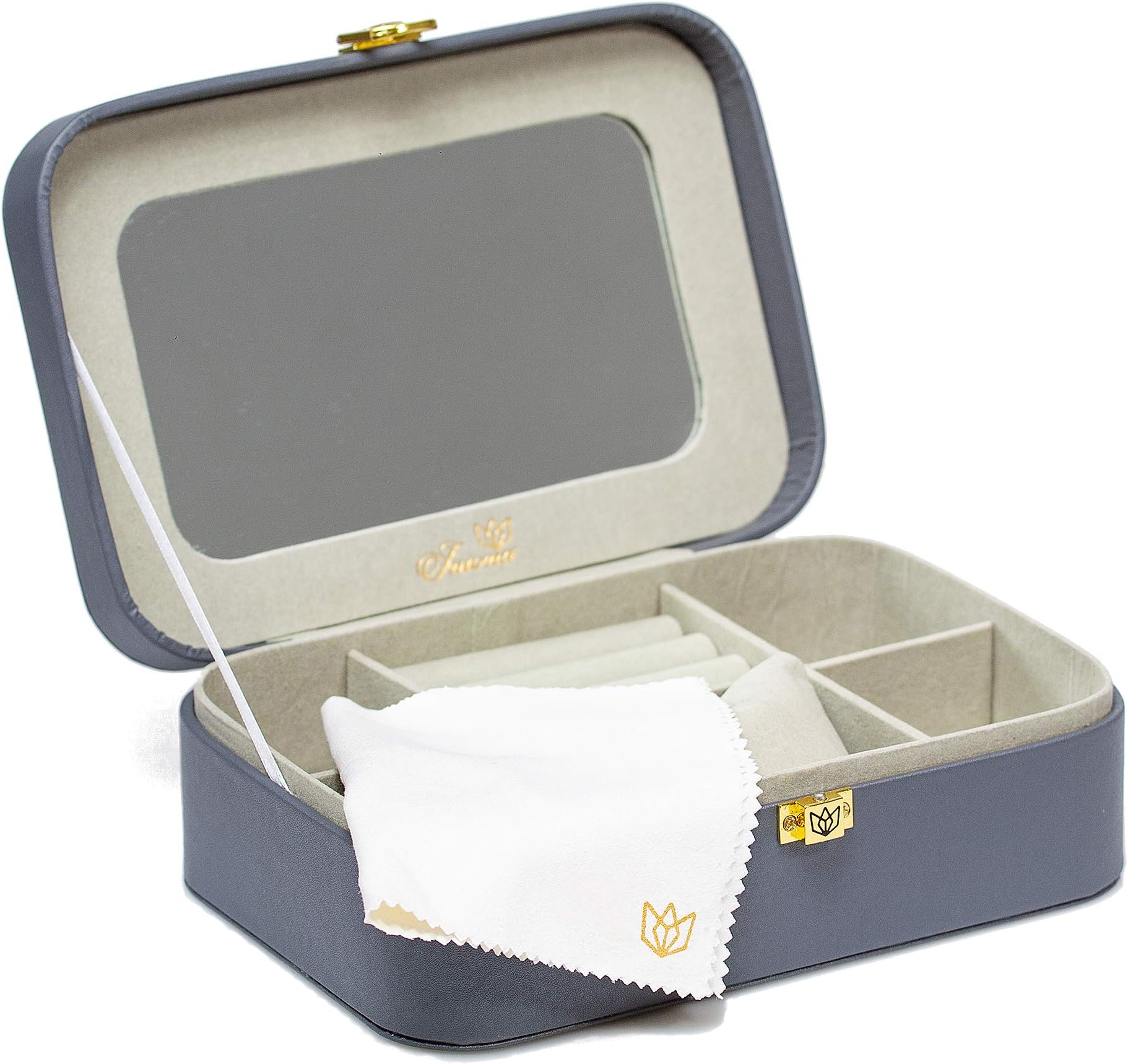Jewellery Box Storage Organiser With Two Polishing Cloths and Large Mirror Display for Necklaces Earrings Rings Holder for Women Girls Jewelry