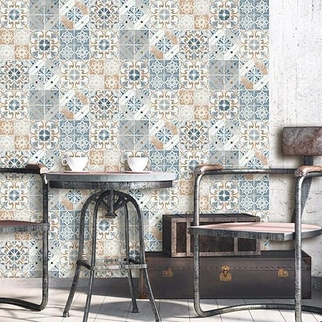 Amazon バレンシアタイル 壁紙 ブルー オレンジ デボナ5011 壁紙