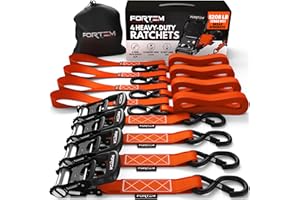 FORTEM Ratchet Tie Down Straps, 5208lb Break Strength, (4) 10FT Heavy Duty Straps, (4) Soft Loops, Rubber Coated Metal Handles, Plastic Coated Metal Hooks, Carrying Case (Orange)