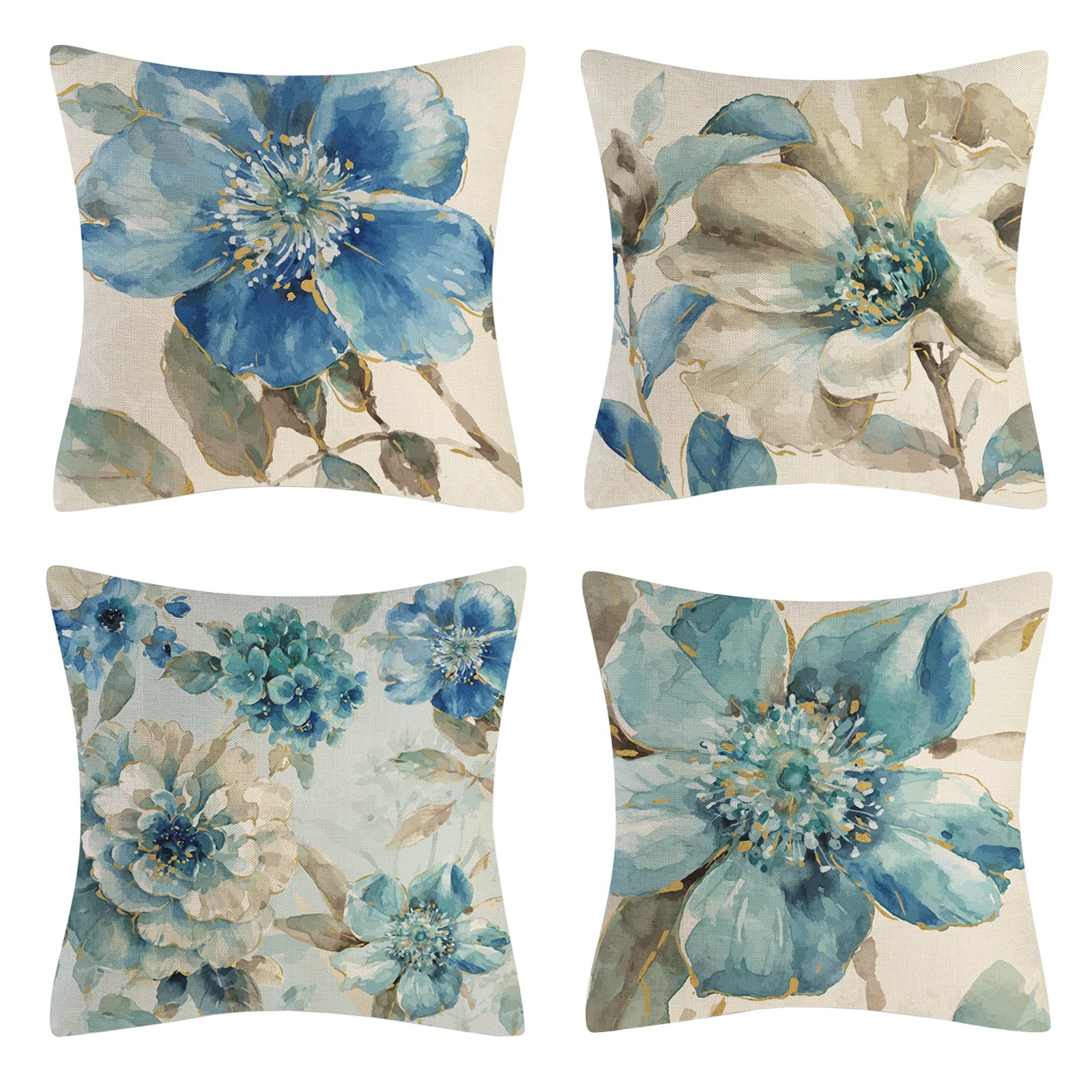 OCEUMACO Linen Cushion Covers 45 x 45 cm for Sofa Bedroom Set of 4 Square Floral Throw Pillow Cases 18x18 Inches Outdoor Decorative Boho Pillowcases Cushions Cover Garden - Duck Egg Blue