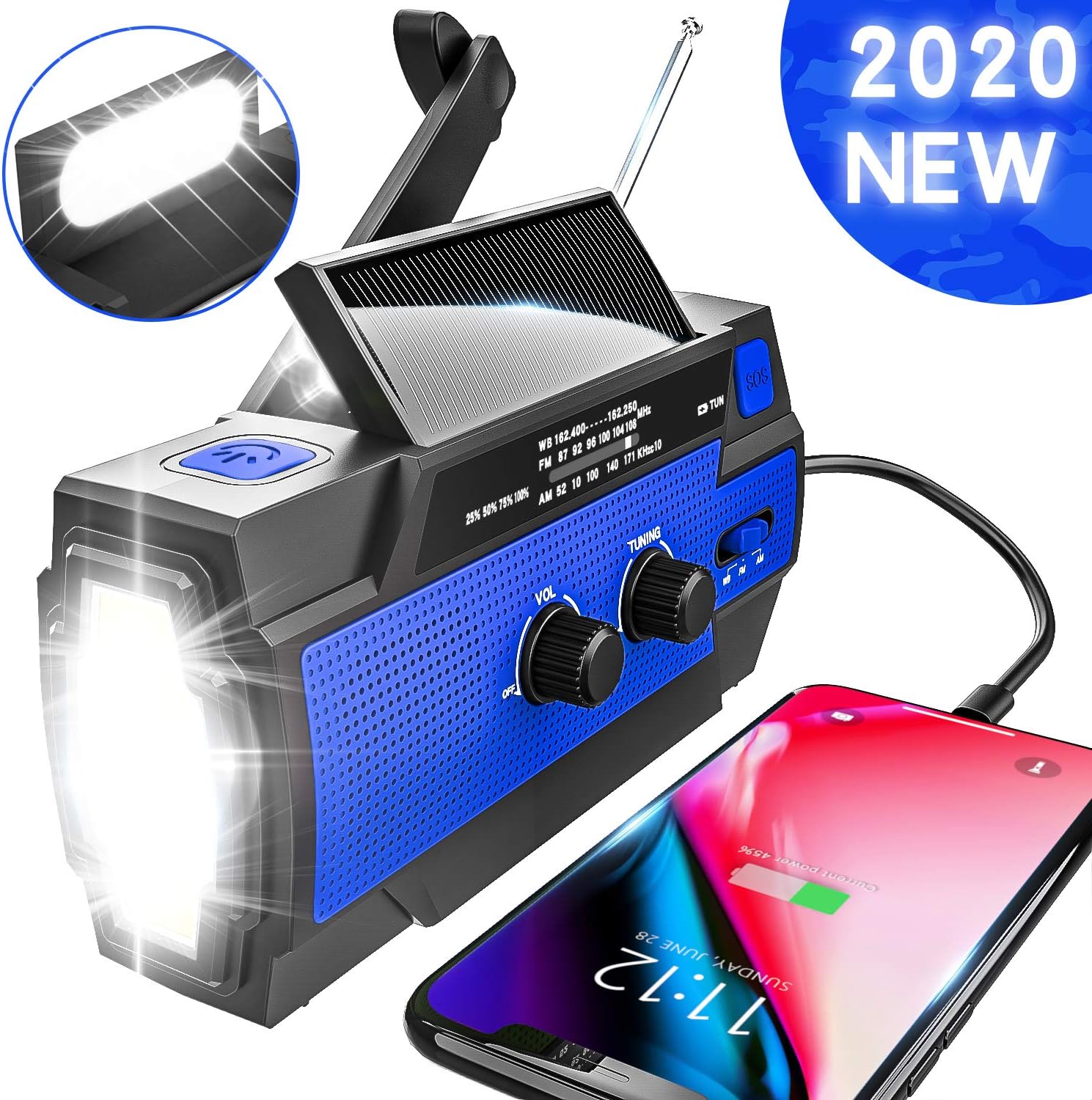 Emergency Radio Hand Crank Solar, 4000mAh Portable Weather Radio, NOAA Weather Radio, Outdoor Radio with Flashlight & Motion Sensor Reading Lamp, Solar Cell Phone Charger, SOS Alarm(Blue): Home Audio & Theater