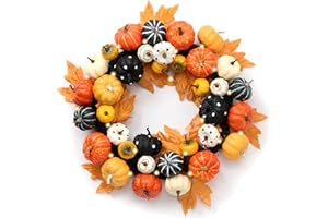 DECOR BY HANNAH DecorbyHannah Halloween Pumpkin Wreath, 18 Inch Falloween Door Wreath Decorations with Lights for Fall and Halloween Indoor Outdoor Home Party Decor (Black Orange)