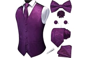 GUSLESON Men's V-Neck Suit Vests Formal Men Vest Paisley Jacquard Tie Waistcoat Bow tie Hanky Set Wedding 7PCS