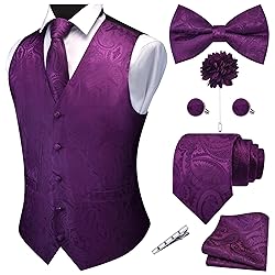 GUSLESON Purple Mens Vest Tie and Bow Tie Set