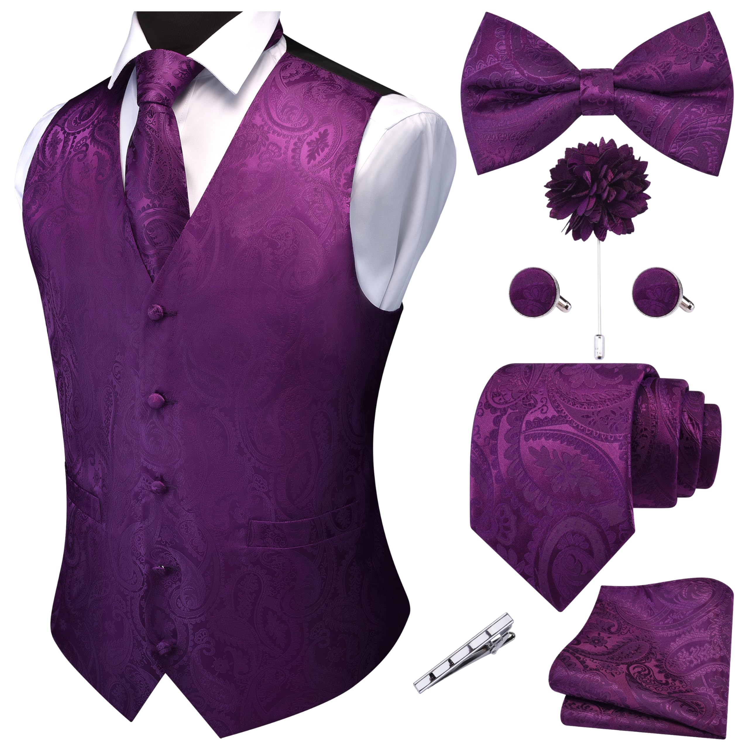 GUSLESON Purple Mens Vest Tie and Bow Tie Set