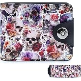 Tezmd Halloween Skull Small Wallet Leather Slim Bifold Credit Wallets RFID Blocking Card Holder Zipper Coin Pocket Cash Purse with ID Window