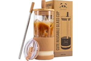 Pandaloo® Glass Cups With Lids and Straws -20 Fl Oz- Perfect Size Iced Coffee Cup - Smoothie Cup With Bamboo Lid and On the go Lid - Glass Tumbler With Straw (1 Count (Pack of 1), Amber Sand)