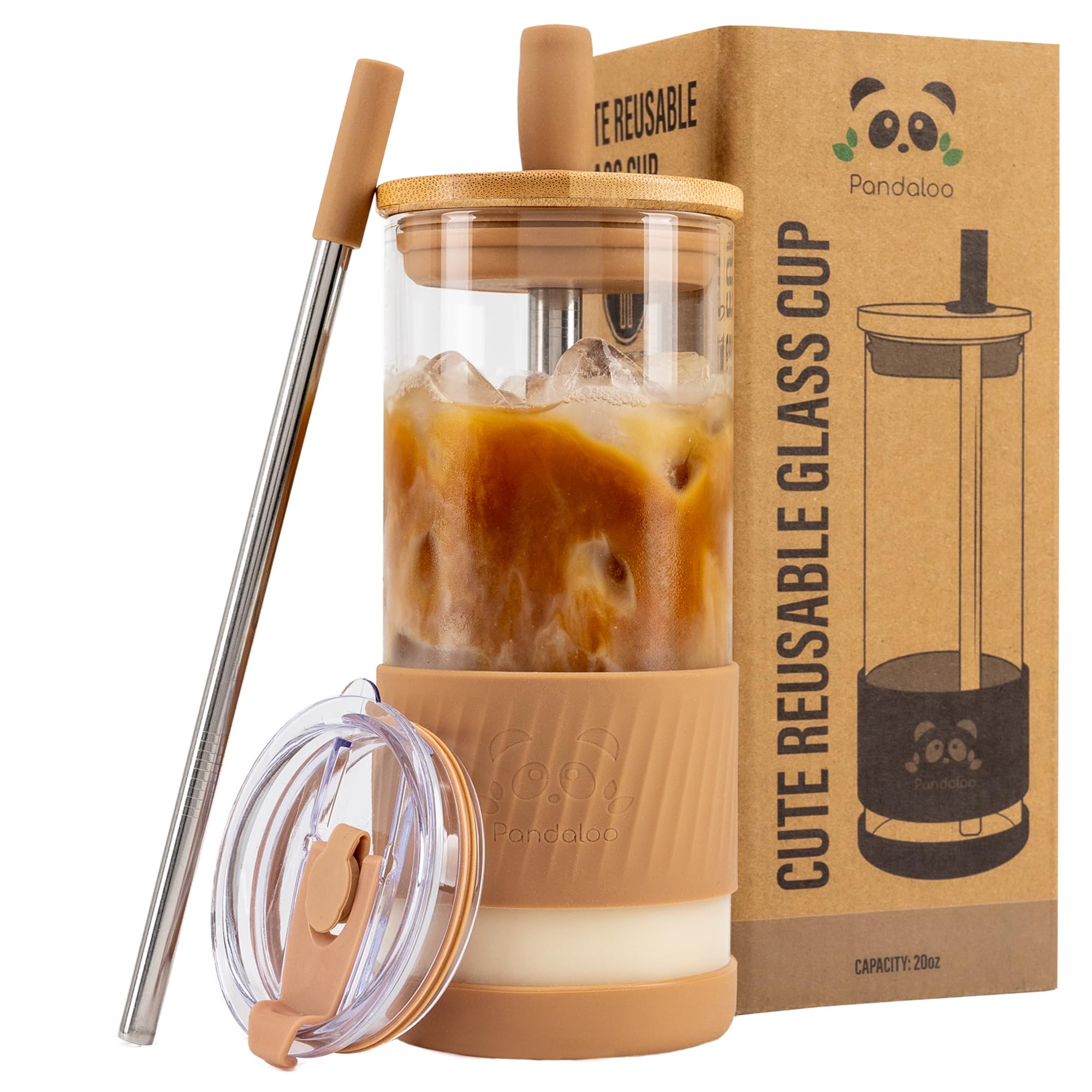 Photo 1 of Pandaloo® Glass Cups With Lids and Straws -20 Fl Oz- Perfect Size Iced Coffee Cup - Smoothie Cup With Bamboo Lid and On the go Lid - Glass Tumbler With Straw (1 Count (Pack of 1), Amber Sand)