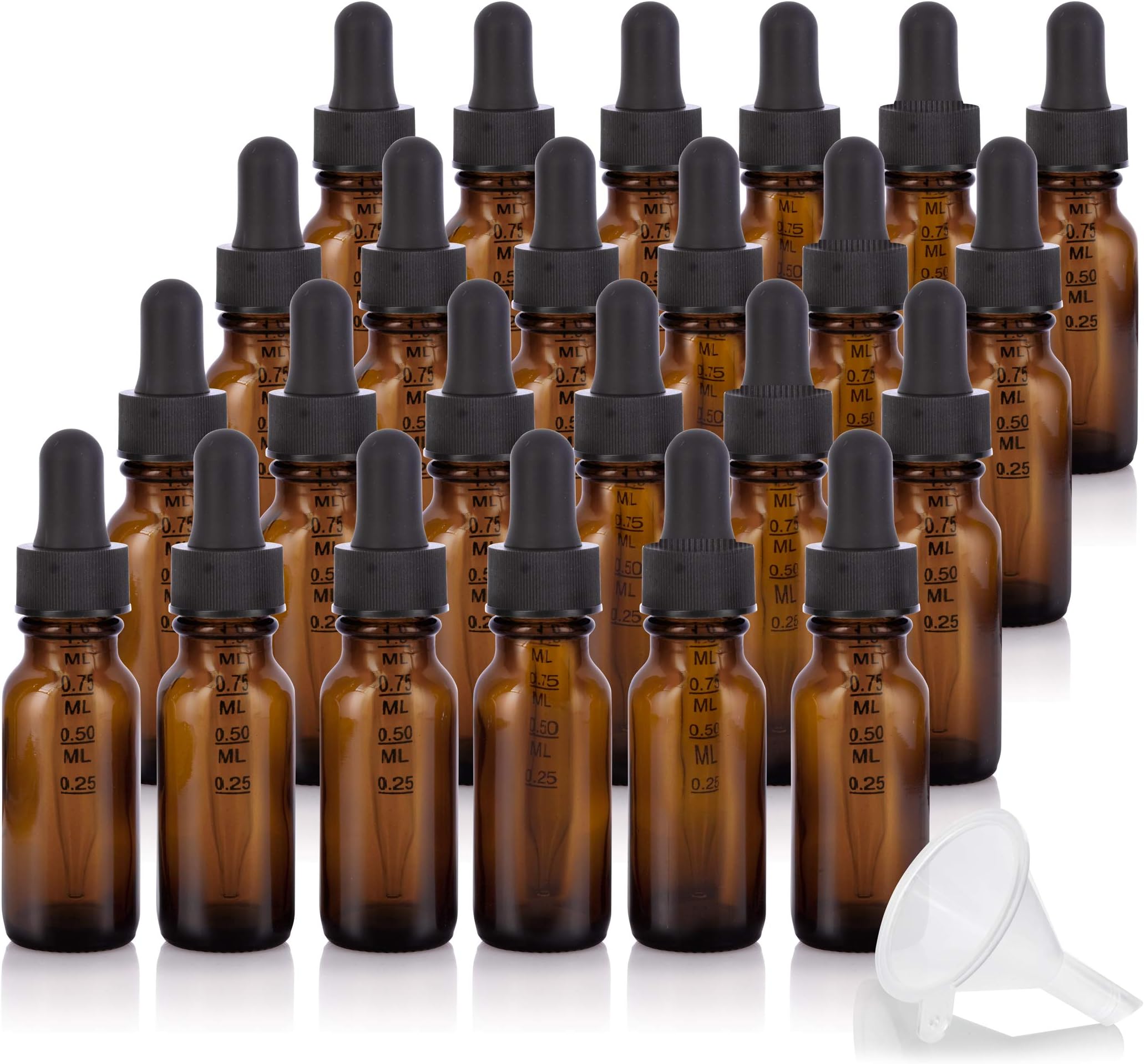 0.5 oz / 15 ml Amber Glass Boston Round Bottle with Graduated Measurement Glass Dropper (24 pack) + Funnel