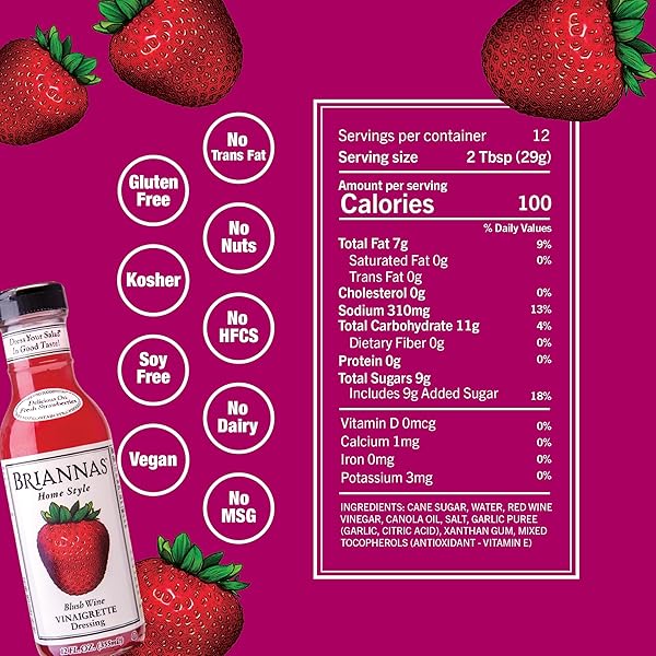 BRIANNAS – HOME STYLE BLUSH WINE VINAIGRETTE DRESSING – FINE SALAD DRESSING MADE WITH PREMIUM INGREDIENTS – GLUTEN FREE, KOSHER, & VEGAN – 12 OZ. BOTTLE