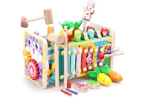 TEEKDEER 8 in 1 Montessori Toys for 1+ Year Old Toddlers, Whack a Mole Game Wooden Hammering Pounding Toys with Xylophone for Toddlers 1-3, 1 Year Old Girl Birthday Gift, Preschool Educational Toy for boys