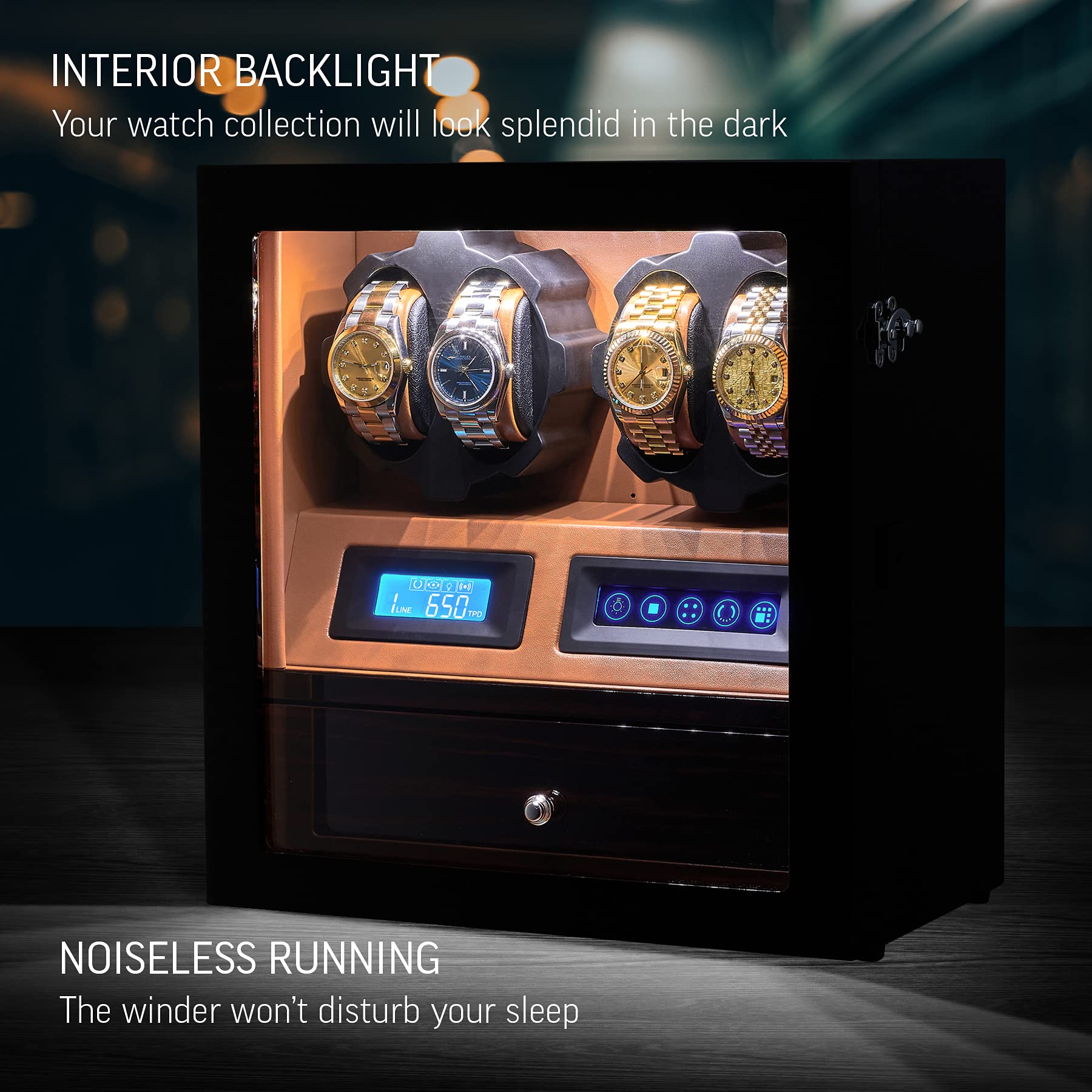 Leader WATCH WINDERS 4 Watch Winder with 5 Watch Storage Space, LCD Display, Touch Control and Interior Light