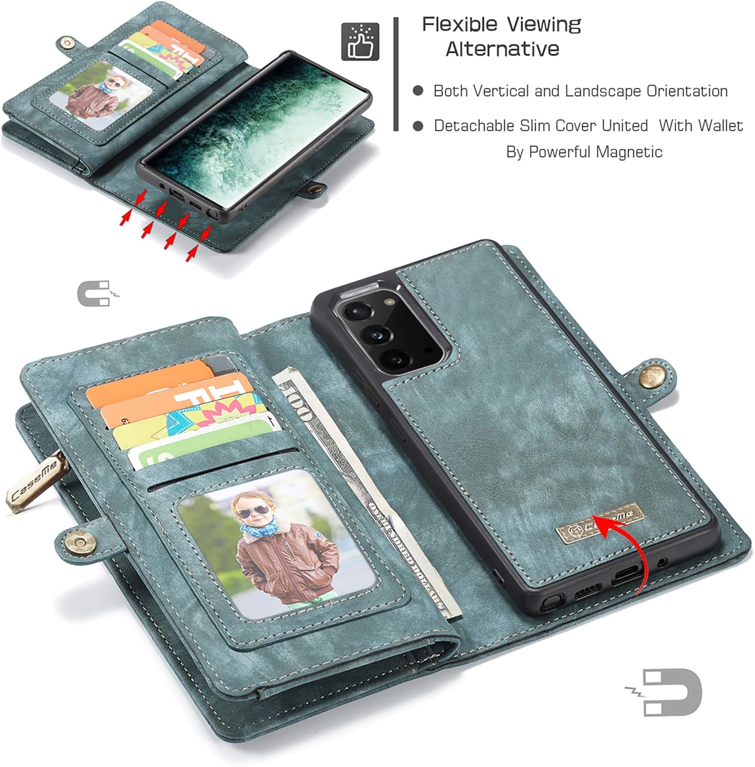 UFinetech 2-in-1 Stylish Samsung Galaxy Note 20 Case Wallet Magnetic Detachable Luxury Leather TPU Card Holder Flip with Lanyard Zipper Carrying Purse Cover for Samsung Galaxy Note 20 5G 2020 Blue - Image 5