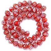 Craftdady 60Pcs Gold Sand Lampwork Glass Beads Faceted Rondelle Craft Spacer Beads Polished Handmade Floral Pattern Loose Beads for Jewelry Necklace Earring Bracelet, Red