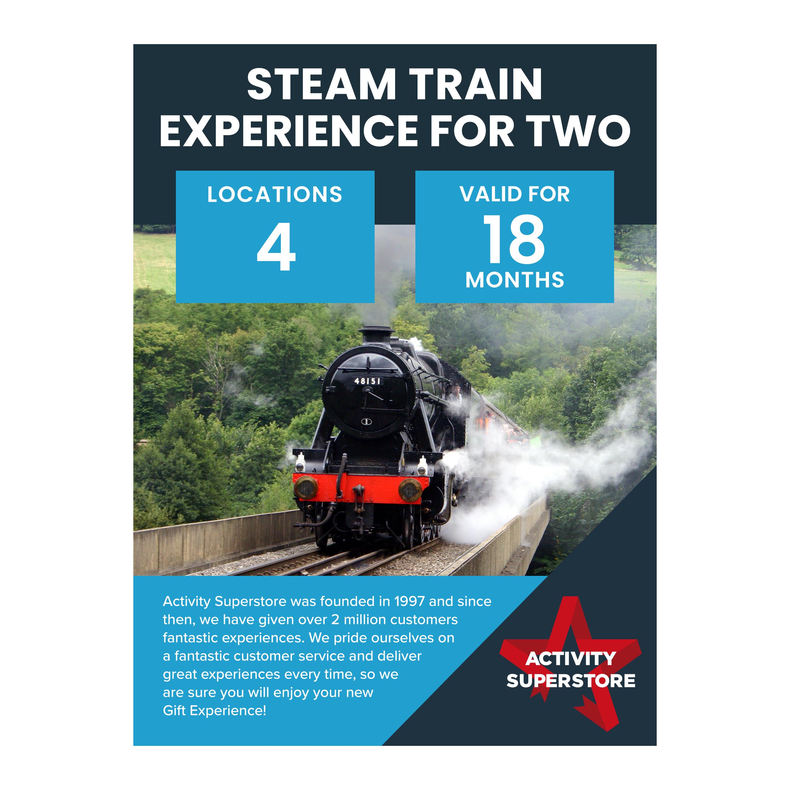 Activity Superstore Steam Train Gift Experience Voucher For Two, Available at 4 UK Locations, 18-month Validity, Experience Days, Train Gifts, Couples Gifts, Retirement Gifts