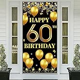Vicycaty 60th Birthday Decorations for Men & Women, Fabric Happy 60th Birthday Banner Backdrop, 60 Year Old Party Photo Props, Yard Sign, Welcome Door Decor Supplies, Black Gold, Indoor Outdoor Use