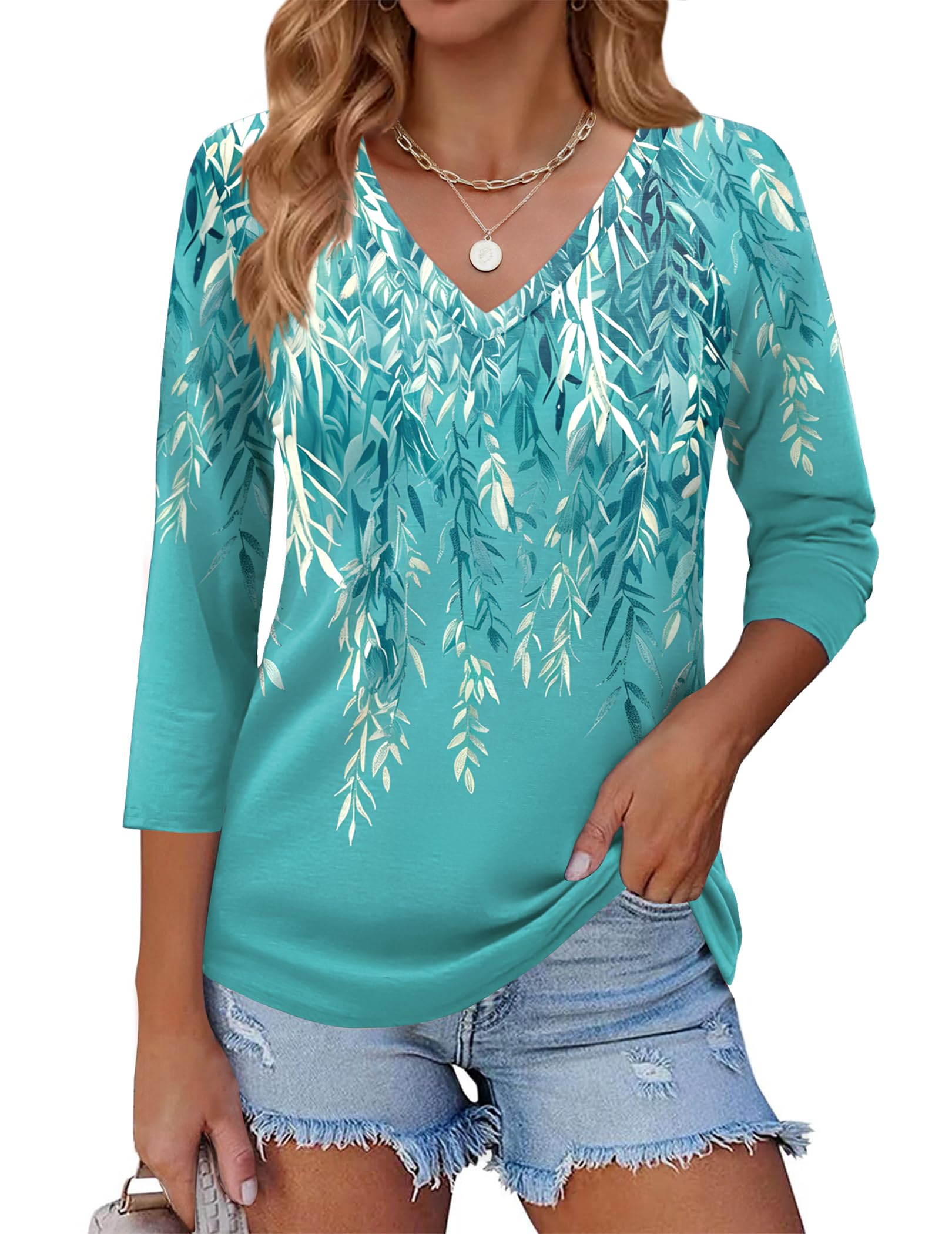 Zeagoo V Neck Print Tee Womens 3/4 Sleeve Tops Green Floral Tunic ...