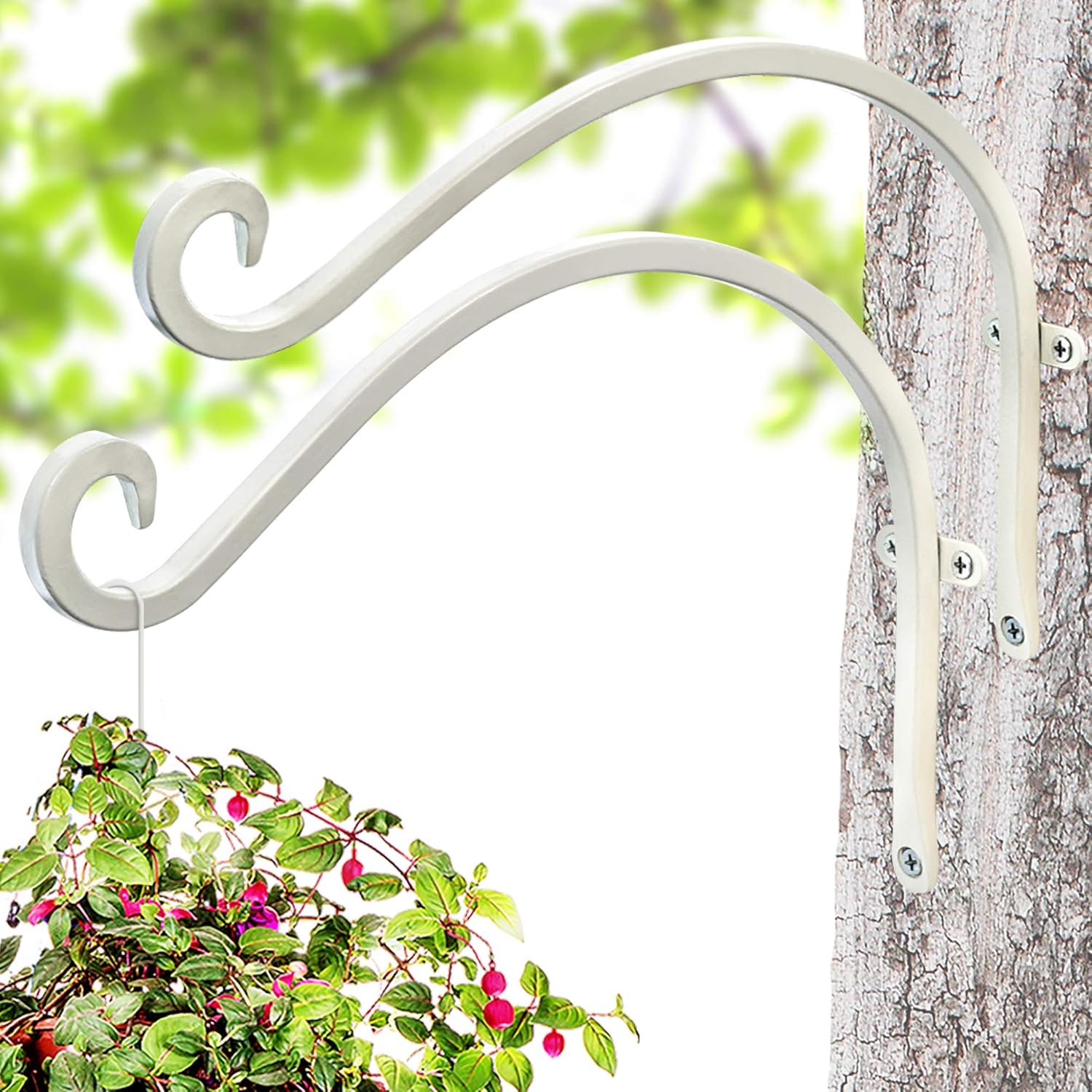 Outdoor Hanging Brackets - Bird Feeder Hanger: 12-Inch Wall-Mounted Plant Bracket Outdoor - 2 Pieces White Plant Hooks for Hanging Flower Baskets