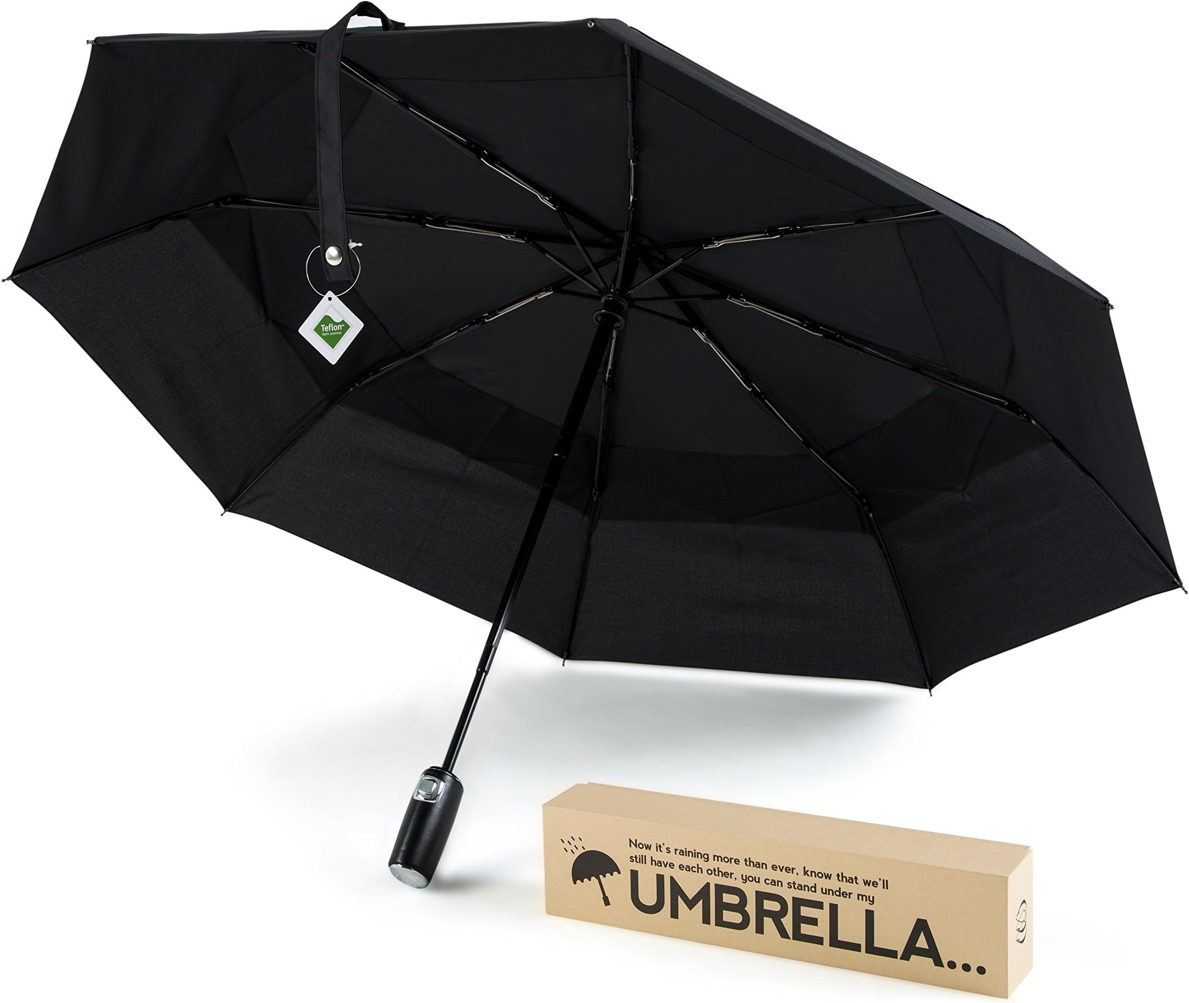 Sturdy Teflon-Coated Windproof Folding Umbrella - Black, Auto Open-Close with Double Vented Canopy, in Stylish Gift Box. Ideal for Men or Ladies.