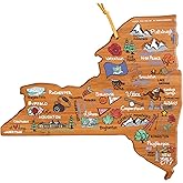 Totally Bamboo New York State Shaped Cutting Board and Charcuterie Serving Platter with Artwork by Fish Kiss, Includes Hang Tie for Wall Display