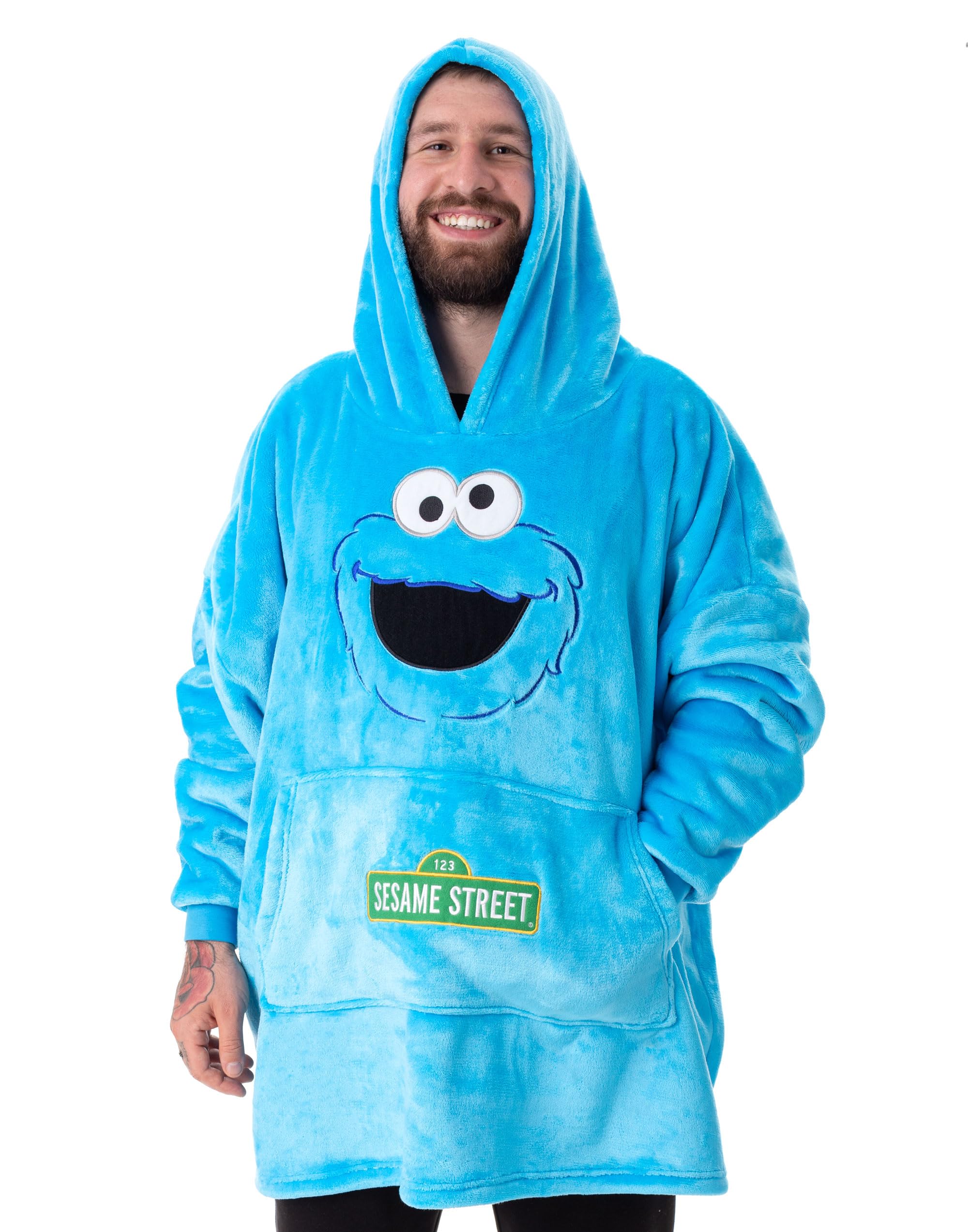 Sesame Street Cookie Monster Unisex Wearable Blanket Hoodie | Adults Blue Hooded Pullover with Cookie Monster Character Graphic Print | One Size Sherpa Lined Loungewear with Pockets