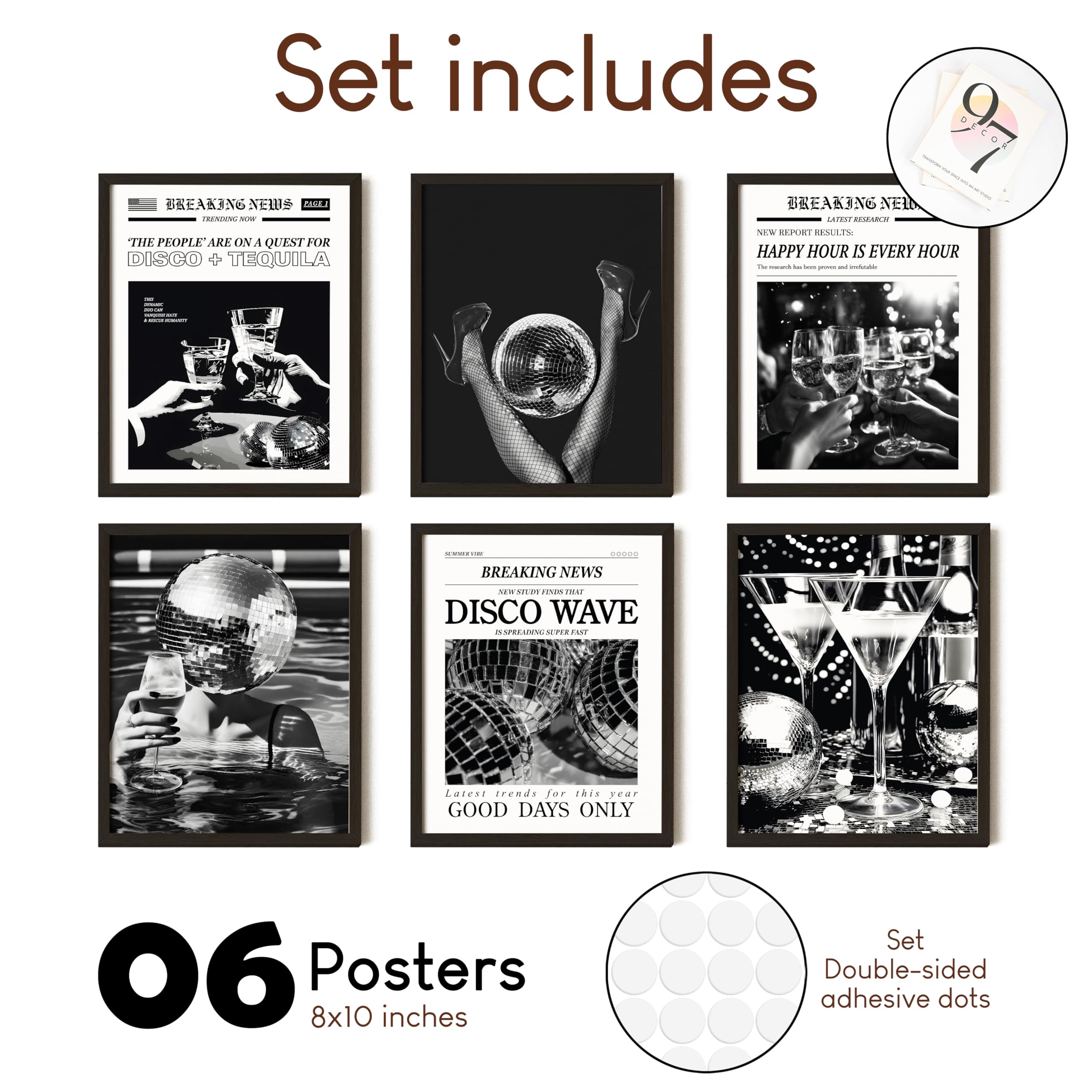 97 Decor Vintage Disco Ball Poster - Black White Wall Art, 70s Tequila Print, Trendy Newspaper Aesthetic Pictures, Retro Bar Cart Decorations, Disco Funky Decor for Teen Girl Dorm Bedroom (8X10 Unframed)